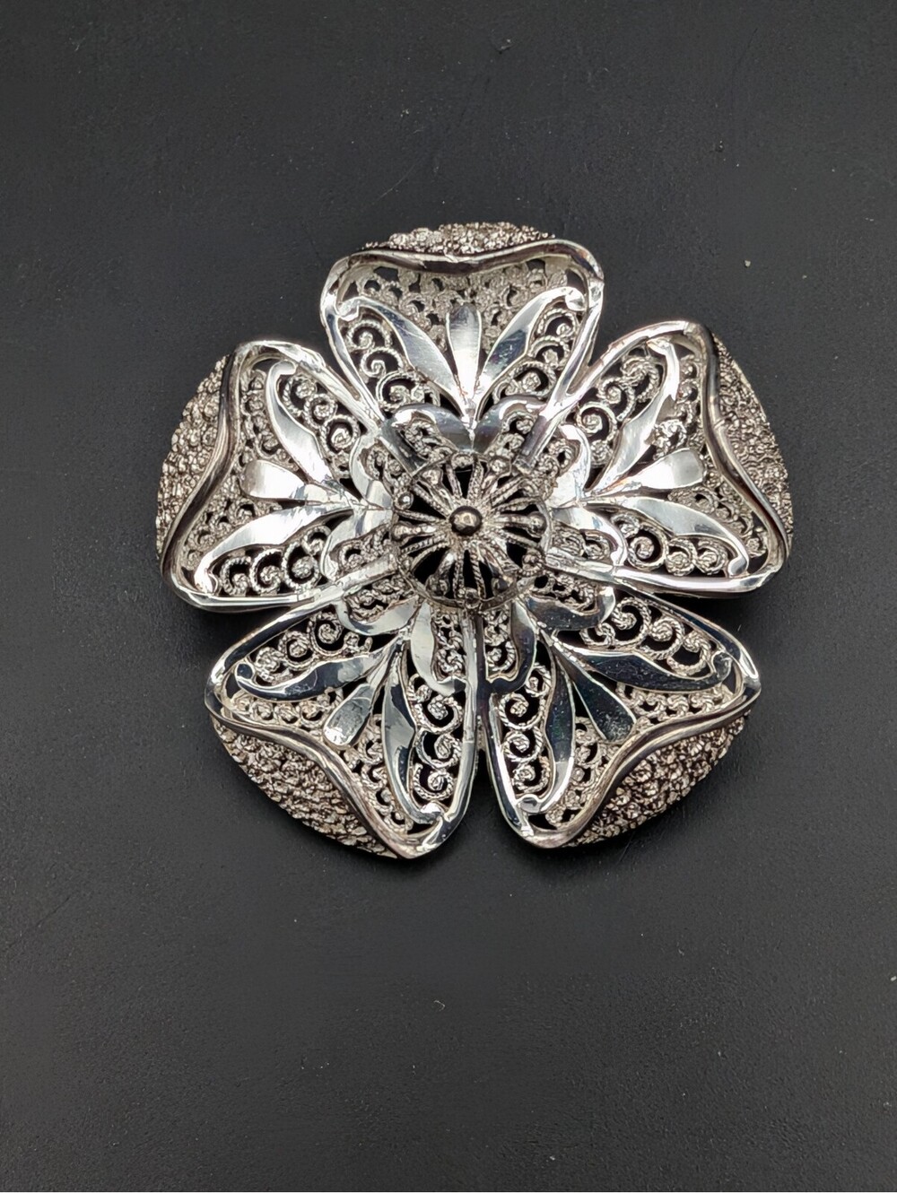 Vintage German Sterling Silver Filigree Flower Brooch Pin 3D Dimensional 7.7g